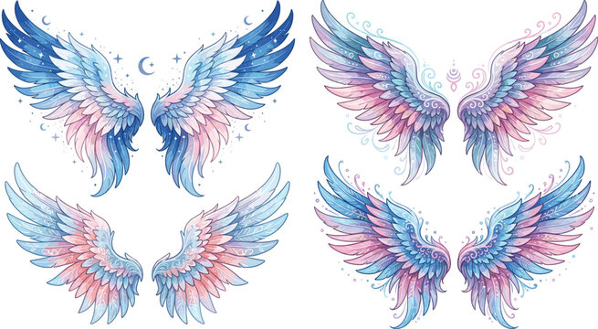 Fantasy angel wings watercolor vector collection, pastel blue pink feathered celestial decorative magical tattoo illustration isolated design set