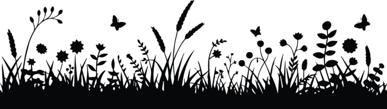 meadow wildflower and grass silhouette meadow scene vector art