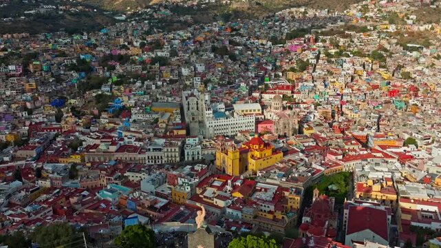 Guanajuato Mexico, Colorful hillside houses densely packed across urban landscape in vibrant city view