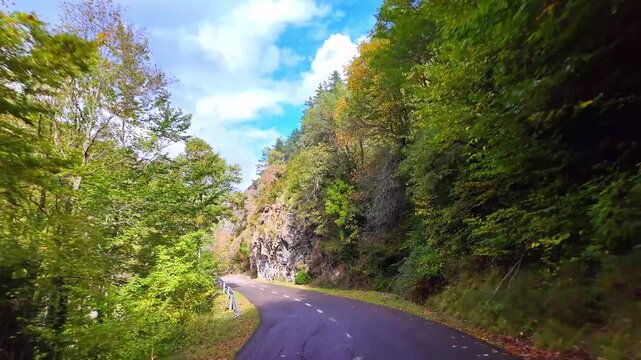 Driving through the Anso Valley to Zuriza, Valles Occidentales Natural Park in the Pyrenees, Aragon, Spain in Europe