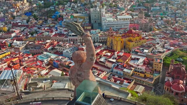 Guanajuato Mexico, Monumento al Pipila overview of colorful city with dense housing and urban sprawl across hills