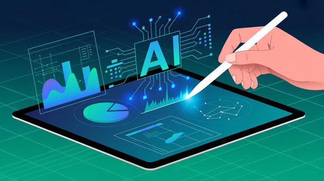 A digital illustration shows a hand using a stylus to interact with a tablet displaying AI charts and data on a grid background.
