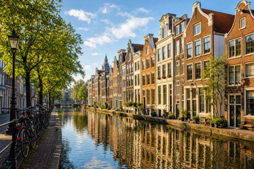 Naklejka premium Amsterdam canal houses along a tree-lined canal with bicycles