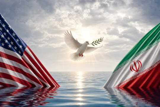 Dove with olive branch between United States and Iran flags over the sea