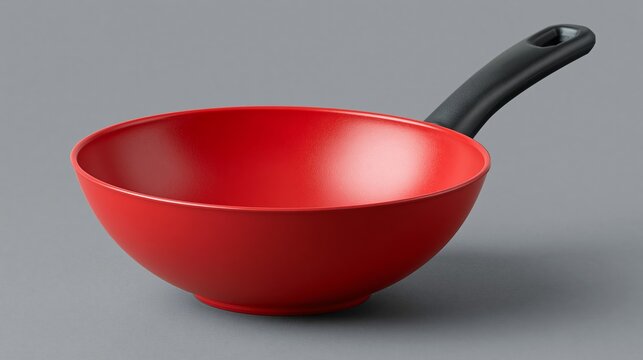 Red non-stick wok with a black handle positioned on a gray background, showcasing its smooth surface and rounded shape for cooking and food preparation