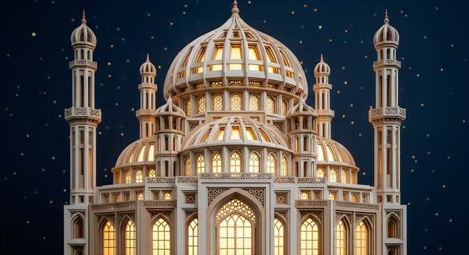 Beautiful mosque with golden dome and minarets at night