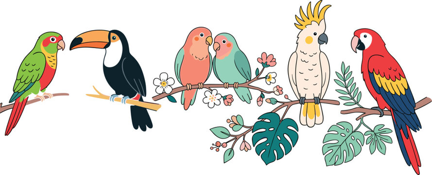 Tropical exotic bird collection vector illustration, parrots toucan cockatoo lovebirds perched on branches, colorful cartoon wildlife artwork set