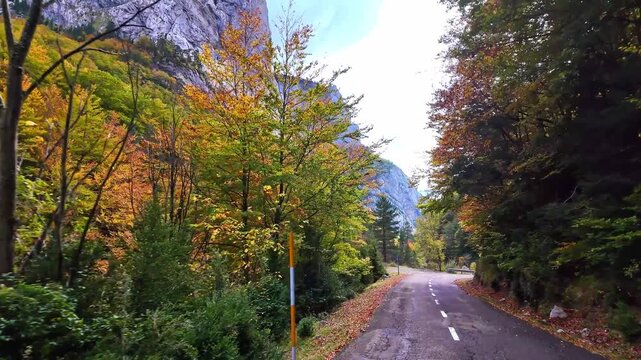 Driving through the Anso Valley to Zuriza, Valles Occidentales Natural Park in the Pyrenees, Aragon, Spain in Europe
