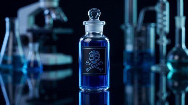 Glass bottle filled with blue liquid featuring a skull and crossbones warning label. Scientific laboratory glassware on dark background. Hazardous chemical and toxicity research concept.