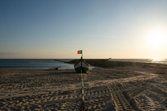 Espinho, Portugal - May 6, 2026: Typical old portuguese fishing boats on the beach of Espinho
