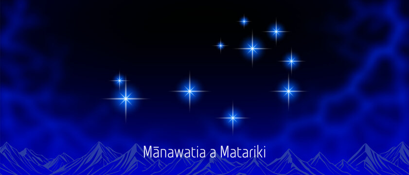 Vector festive wide blue banner. New Zealand New Year. Radiant stars, Pleiades. Shine night sky. In Maori language, it means honor or happy Matariki. Holiday flyer. Aotearoa. Haze and mountains