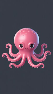A cute, cartoon-style pink octopus with large, expressive eyes and curly tentacles is centered a dark, minimalist background, radiating charm and friendliness.