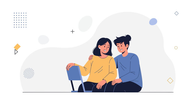 Young Couple Sitting Together, Embracing, Showing Support, Modern Flat Illustration