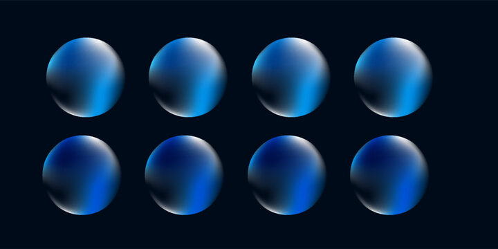 Set of airy blue glowing gradient spheres. Gently illuminated blue glowing spheres with beautiful smooth gradients for creative banners, visual effects, digital art compositions, futuristic projects