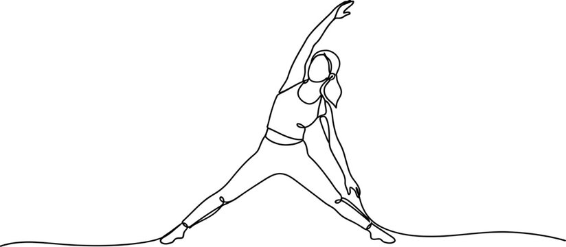 Continuous line drawing of woman in yoga pose, triangle stretch, minimalist art, fitness concept