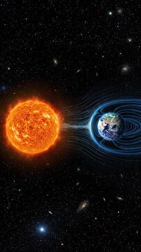 Sun emitting powerful solar flare radiation, impacting Earth's protective magnetosphere, causing geomagnetic storm disturbance, displaying intense cosmic particle emission, space weather phenomenon.