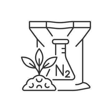 Nitrogen fertilizer linear icon. Plants and crop nourishing. Growth and fertility increasing. Thin line customizable illustration. Contour symbol. Vector isolated outline drawing. Editable stroke