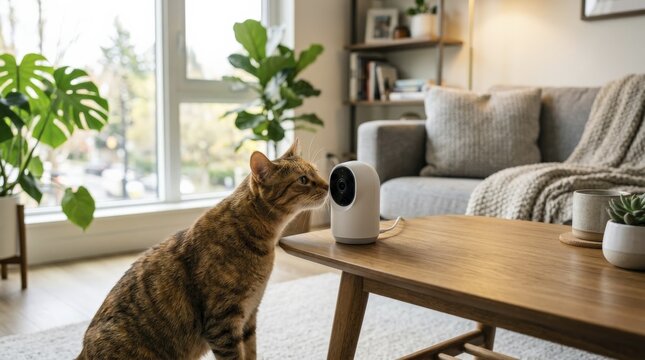 Curious cat exploring a sleek white pet monitor camera on a wooden coffee table in a modern living room, showcasing smart home pet care technology.