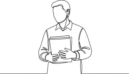 Businessman holding documents, minimalist line art illustration, white background © keenan