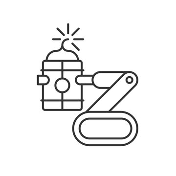 Bomb defusing robots linear icon. Control from safe distance. Explosive ordnance remote disposal. Thin line customizable illustration. Contour symbol. Vector isolated outline drawing. Editable stroke