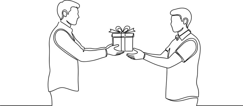 Man giving gift box to another man, line art illustration