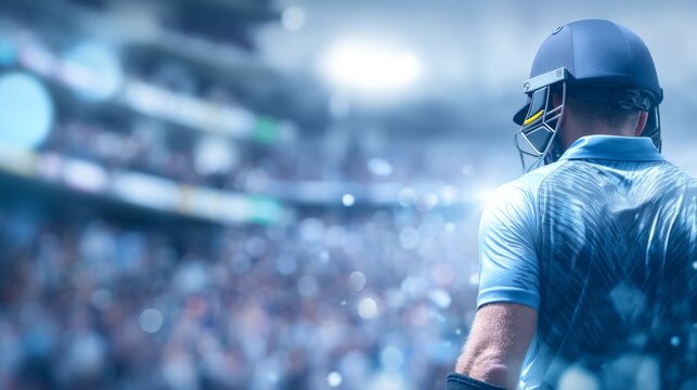 Close-up of cricket player with helmet on field during bright stadium game