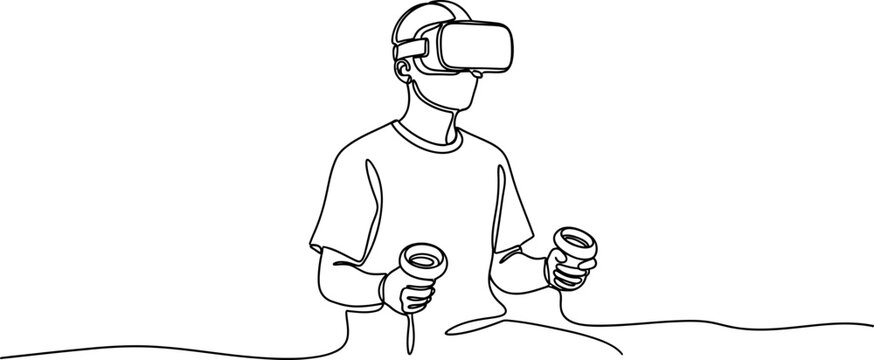 Person wearing VR headset and holding controllers, one line drawing, futuristic technology, gaming