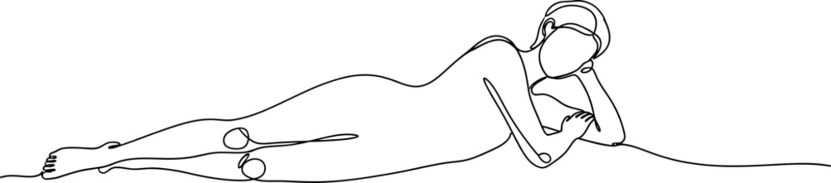 Minimalist line drawing of a woman lying down, resting head on hand, with clothespin on foot.