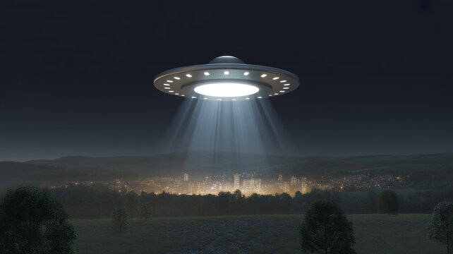 A mysterious flying saucer hovers over a brightly lit city skyline at night, emitting a powerful beam of light downwards, creating an atmosphere of extraterrestrial encounter.