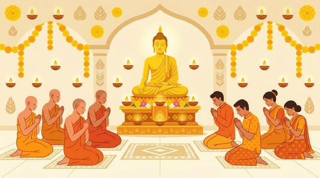 Buddhist monks and devotees gather around the Buddha statue in a temple