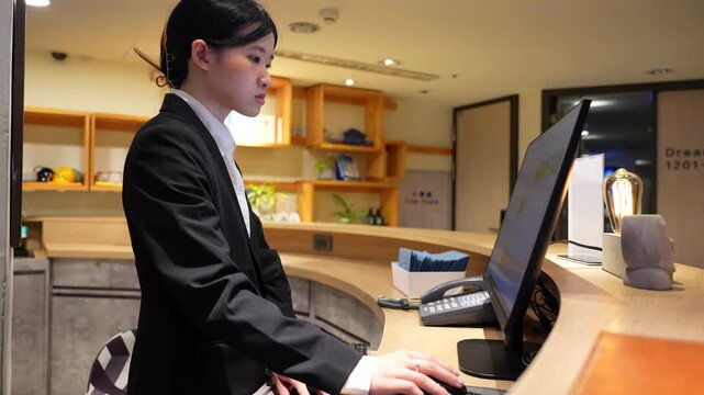 Professional female concierge at a hotel front desk managing booking reservations