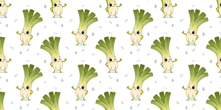 Cute leek seamless pattern with kawaii vegetable characters