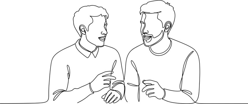 Two men talking, continuous line drawing, communication, friendship, business meeting, social interaction