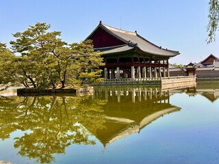 Naklejka premium Historic building reflects in water near trees in a park on a clear day in a calm outdoor setting