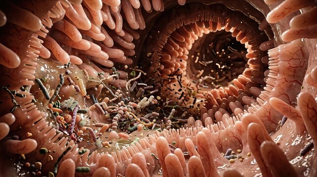 Intestinal villus structure and gut microbe population, representing digestive system process, cellular absorption, internal organ anatomy, microscopic biological activity, healthy human body.