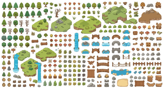 Isometric game assets kit, pixel art landscape elements for world building, nature environment map creator with trees and water sprites