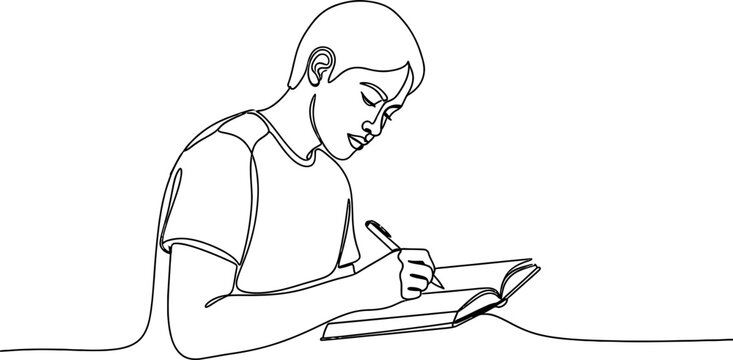 Continuous line drawing of a young boy writing in a notebook, focused and studious.