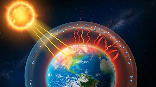 Earth planet, atmospheric greenhouse effect demonstrating global warming, solar radiation absorption, infrared heat emission, carbon dioxide gas trapping, causing climate temperature change.