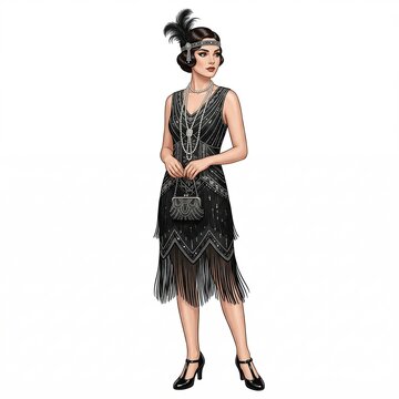 Full length illustration of a glamorous flapper woman in a black 1920s fringe dress with a feathered headband