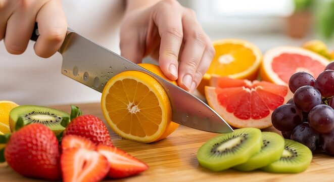 Chef cutting fresh orange on a wooden board with various colorful fruits