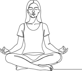 Obraz premium Woman Meditating, Yoga Pose, Zen, Mindfulness, Line Art Illustration