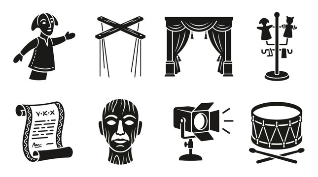Theatrical vector set features a puppeteer performing with marionettes on stage with curtains, spotlights, and props like a mask, film camera, drum, and scroll.