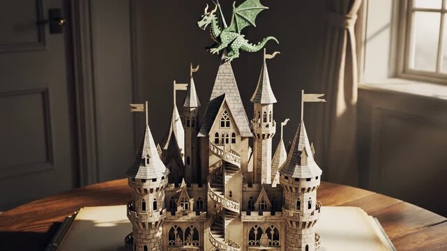 An intricately crafted miniature architectural model of a majestic fantasy castle, complete with soaring turrets and winding staircases, is displayed atop a vintage open book, evoking a sense
