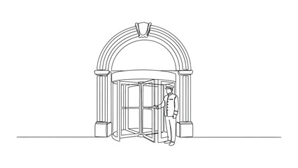 Fototapeta premium Continuous line drawing of a doorman standing at a hotel revolving door.