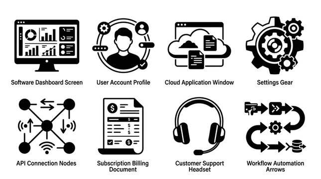 Vector set of modern business icons including software dashboard screen, user profile, cloud window, API nodes, subscription document, customer support headset, and workflow automation gear.