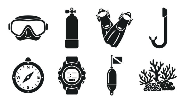 A vector set of scuba diving equipment and marine icons including goggles, oxygen tank, flippers, hook, compass, watch, buoy, and coral reef.