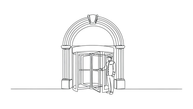 Continuous line drawing of a doorman standing at a hotel revolving door.