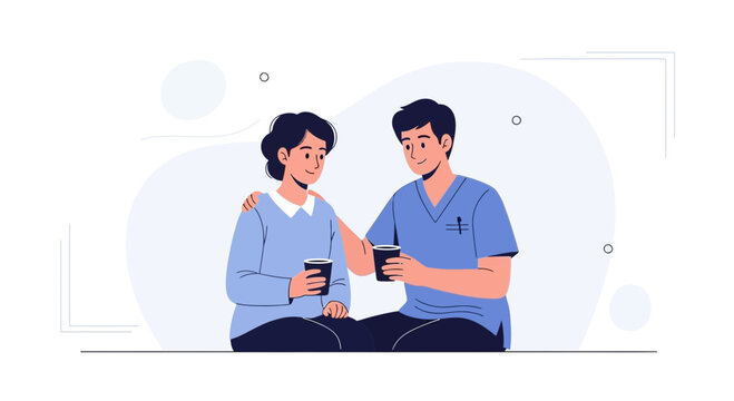 Healthcare professional comforts patient with supportive gesture and coffee