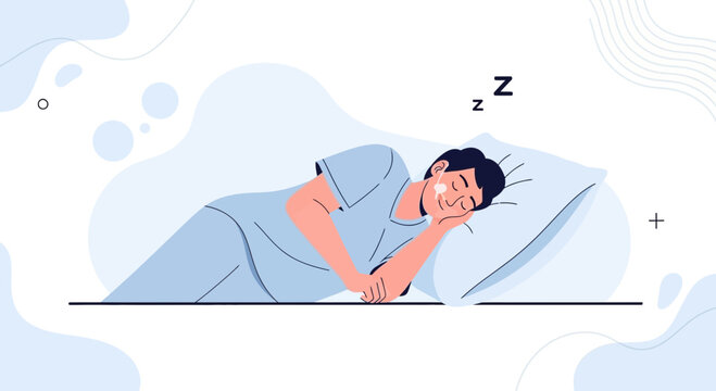 Man sleeping peacefully on pillow with Zzzs above, illustration, relaxation