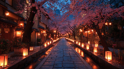 Naklejka premium Beautiful japanese street with cherry blossoms and lanterns at night